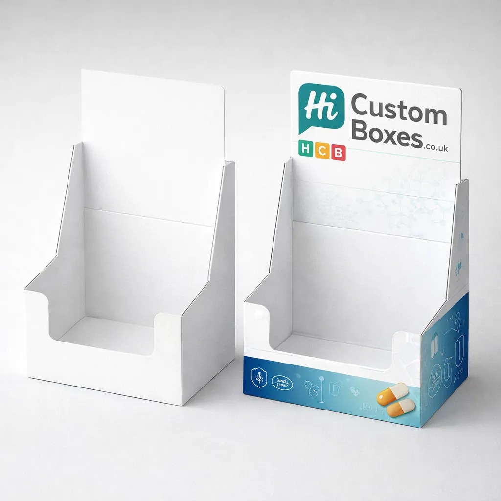 Two cardboard retail display stands, one plain white and one printed with blue pharmaceutical branding. class=